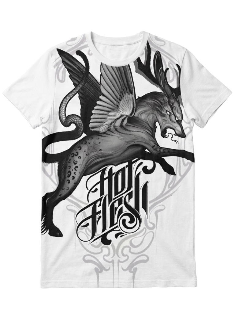 Weißes Hot-Flesh-T-Shirt mit schwarzem Fabelwesen-Motiv und Hot-Flesh-Schriftzug